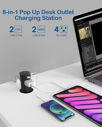 Pop up Outlet for Countertop,2.5 Inch Hole Desktop Power Grommet,Recessed Power Strip,20W USB C Fast Charging,4 Outlets 4 USB Ports,15Amp Tamper Resistant Receptacle for Home,Kitchen,Office Black