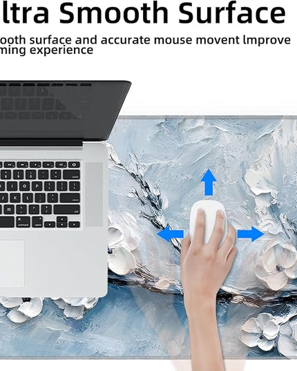 Galdas Gaming Mouse Pad XXL XL Large Long Extended Big Mousepad Non-Slip Rubber Keyboard Mouse Pad with Stitched Edges for Laptop Home Office (31.5x11.8x0.08 Inch) -Snow Floral