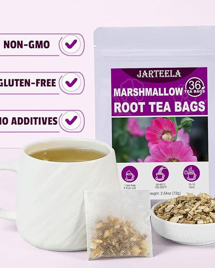 Jarteela - Marshmallow Root Tea Bags - 2g x 36 Count - Premium Dried Althaea Officinalis - Non-GMO - Caffeine-free - Natural Herbal Tea for Digestive & Respiratory Support