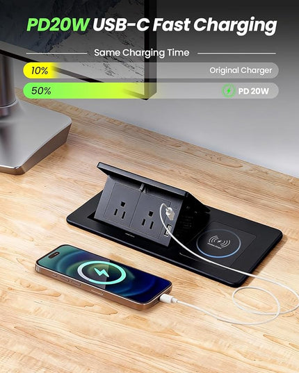 Conference Table Power Hub 15W Wireless Charger and PD20W Type-C Fast Charging, Pop up Outlet Desktop Connection Box with 2AC Outlets and USB Ports for Kitchen Countertop Conference Room, Black