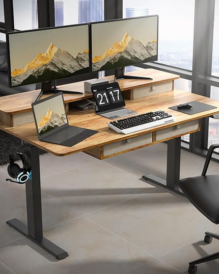 55 * 30 Inches Electric Standing Widened Desk Adjustable Height with 4 Drawers, Double Storage Shelves Stand Up Desk, Home Office Workstation Sit Stand up Desk (Light Rustic Brown)