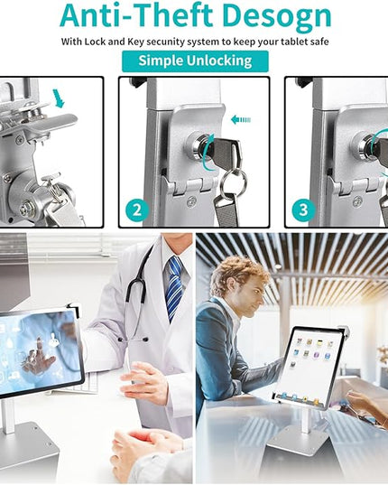 YOOZ Anti Theft Tablet Stand for Desktop, Security Tablet Mount Retail Kiosk POS, Heavy Duty Metal Tablet Holder with Lock for 7-11" Tablets, iPad Pro Air Mini, Galaxy Tabs, Surface etc