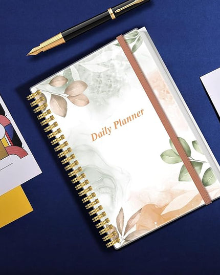 Daily Planner Undated - A5 To Do List Notebook Hourly Schedules, Spiral Appointment Planner for Women and Men, PVC Hardcover, Inner Pocket, Elastic Closure, 5.8" x 8.3", Rose Leaf