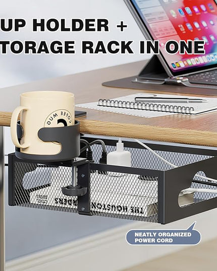 Cup Holder Under Desk Drawer 360° Swivel C-clamp Mounting Mesh Storage Box Spill-proof Easy Install Table Management Tray