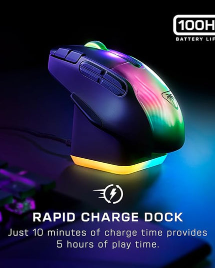 Turtle Beach Kone XP Air Wireless RGB Gaming Mouse, 19000 DPI Optical Sensor, 100-hour Rechargeable Battery & Charging Dock, 29 Programmable Inputs, Ergonomic Design, Bluetooth, 4D Wheel – Black