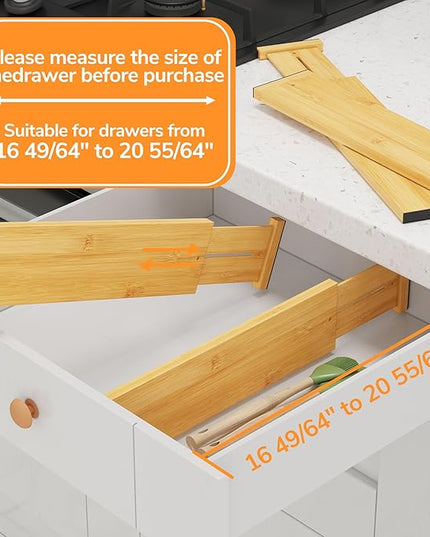 BAMEOS 4" High Drawer Dividers Bamboo Separators Organization Expandable Organizers for Kitchen Bedroom Bathroom Dresser Office 4-pack
