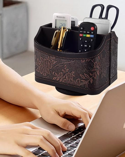 Antique Leather Remote Control Holder 360 Degree Spinning,Desk Rotating Organizer/Caddy for TV Remote Controllers,Pen,Calculator Media Player,DVD,Office Supplies,Mobile Phone Storage Box (Retro)