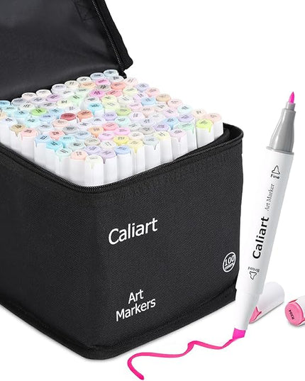 Caliart Pastel Markers, 100 Colors Dual Tip Art Markers Sketch Pens Permanent Alcohol Based, with Case for Adults Artists Drawing Illustration Sketching Coloring