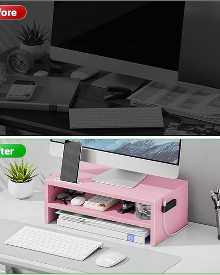 Marbrasse Monitor Stand Riser, 16.5 Inch 2 Tier Computer Printer Shelf Stand for Laptop Computer Screen Storage, Desktop Stand with Phone Holder and Cable Management (Pink)