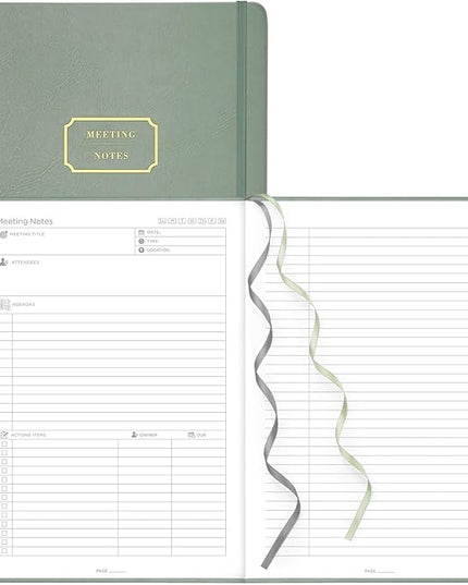 EMSHOI Meeting Notebook for Work with Sticky Tabs - 240 Pages, A4 Size Project Planner, PU Leather Meeting Agenda/Minutes Organizer for Women Men, Note Taking, Office & Business, 8.3"x11.7", Green