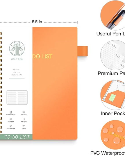 ALLTREE To Do List Notepad Spiral Planner, Daily Task Tracker with Wide lined Notebooks, Work Planner with Pocket, Pen Loop, 160 Pages, Orange (5.5"x8.5")
