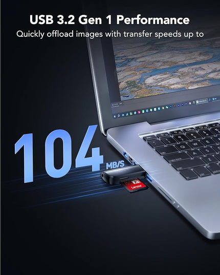 Lexar Dual Slot USB-A Reader, USB 3.2 Gen 1 Up to 104MB/s, USB-A for SD/MicroSD/SDHC/SDXC Camera Card Reader Adapter, OTG MicroSD Card Reader for PC/Laptop/Tablet
