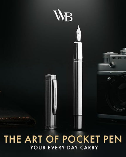 Wordsworth and Black Fountain Pen Mini EDC: Luxury Silver Heavy Pocket Pen, Chrome Finish, Medium Nib, 6 Ink Cartridges, Ink Converter, Travel Refillable Writing Pen Gift Set, Men & Women