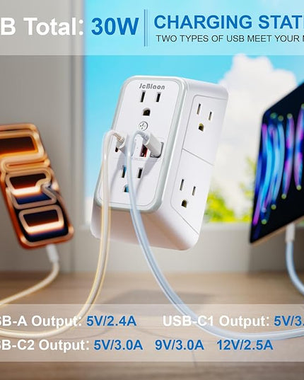 JcBlaon Surge Protector Outlet Extender 6 Outlet Extender with 4 USB Ports (PD 30W), 3 Sided 1050J Multi Plug Wall Adapter Power Strip for Home Travel Office Essentials