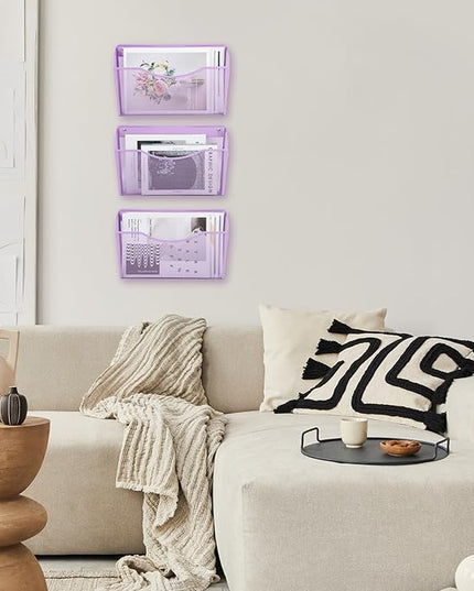 EASEPRES 3 Single Pocket Mesh Hanging File Organizer, Vertical Wall Mounted Magazine File Holder, Mount Basket Mail Paper Document Folder Organizing for Office, Home and School, Light Purple