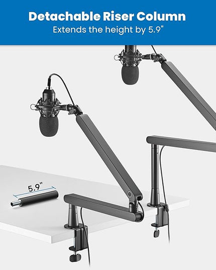 Mount-It! Mic Arm, Microphone Boom Arm, Adjustable Full Motion Mic Desk Mount, for Streaming, Gaming, Podcast, Recording, 3/8" and 5/8" Compatible, Low Profile Design, Height up to 27.8", Black