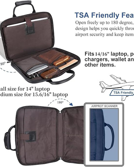 Leather Slim Briefcase for Men 15.6" Laptop Crossbody Messenger Bag Business Work Lawyer Attache Case