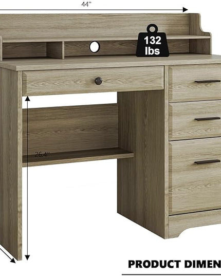 4 EVER WINNER Computer Desk with Drawers, Small Desk with Monitor Stand and File Drawer, Wood Desk with Storage, Writing Desk for Bedroom Home Offic, Grey