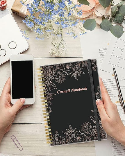 Yaridar A5 Cornell Notes Notebook - College Spiral Cornell Notebooks for Note Taking, Subject College Ruled Steno Pads for Office/School/Home, 5.8" x 8.5", Black Flower