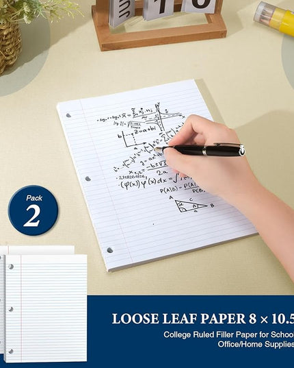 PINJINGPRO Loose Leaf Paper, Notebook Paper, 8 x 10.5 College Ruled Paper, 3 Hole Punch Binder Paper, Lined Paper for 3 Ring Binders, College Ruled Paper, 100 Sheets/Pack Filler Paper (2 Pack)