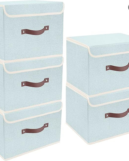 TYEERS Foldable Storage Boxes with Lids 5 Pack Fabric Storage Bins with Lids, Closet Organizers for Clothes Storage, Room Organization, Office Storage, Toys - Aqua Spring