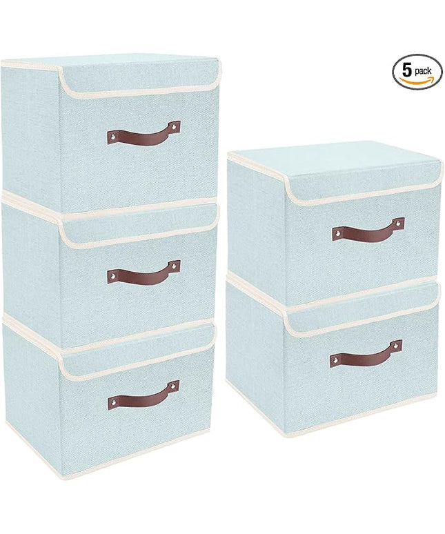 TYEERS Foldable Storage Boxes with Lids 5 Pack Fabric Storage Bins with Lids, Closet Organizers for Clothes Storage, Room Organization, Office Storage, Toys - Aqua Spring