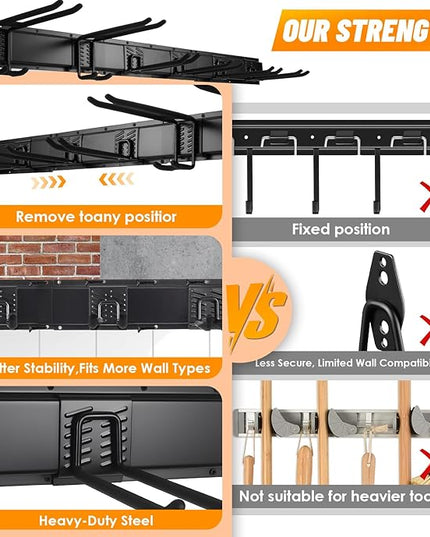 32‘’/48‘’ Garage Storage, Garage Organization, Garden Tool Organizer Wall Mount, 420lbs Adjustable Heavy Duty Metal Hanging Hooks, Yard Rack Hanger System Shovel Rake Broom Ladder Holder, Men Gift
