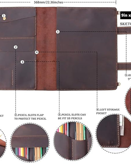 Robrasim Handmade Leather Sketchbook Cover, Artist Sketch Pad Holder for 9"X12" Sketchbook, Drawing Book and Pencil Case, Journal Notebook Portfolio with Shoulder Strap, Artist Gifts, Coffee
