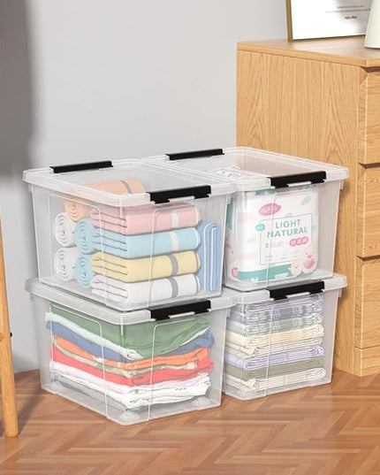 4-Pack 22 Quart Plastic Storage Bins with Lids, Plastic Latching Storage Box with Wheels, Clear