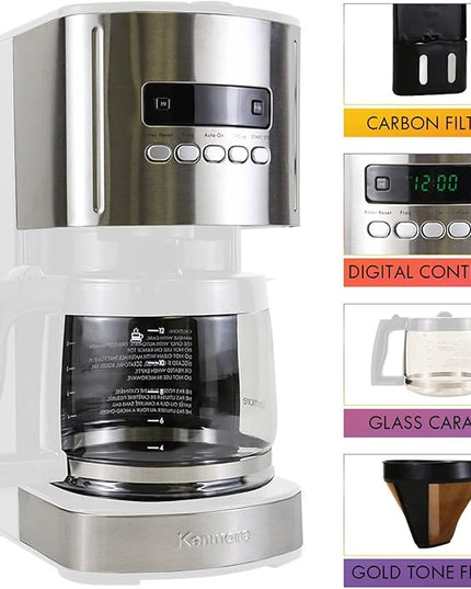 Kenmore drip Coffee Maker - 12 Cup programmable cafe machine with glass pot, regular & bold brew, auto shut off large water reservoir, reusable filter, kitchen appliances for cafeteria barista, White
