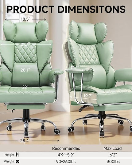 COMHOMA Big and Tall Office Chair, High Back Leather Gaming Chair with Footrest, Executive Ergonomic Office Chairs with Pocket Spring Lumbar Support and with Outward Fixed Soft Armrests