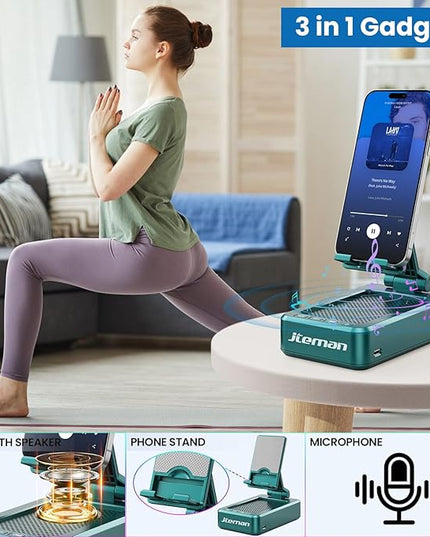 JTEMAN Cell Phone Stand with Wireless Bluetooth Speakers,Angle Adjustable Strong Pedestal Phone Stand for Desk,HD Sound and Bass Bluetooth Speaker Compatible with All Mobile Phones(Green)