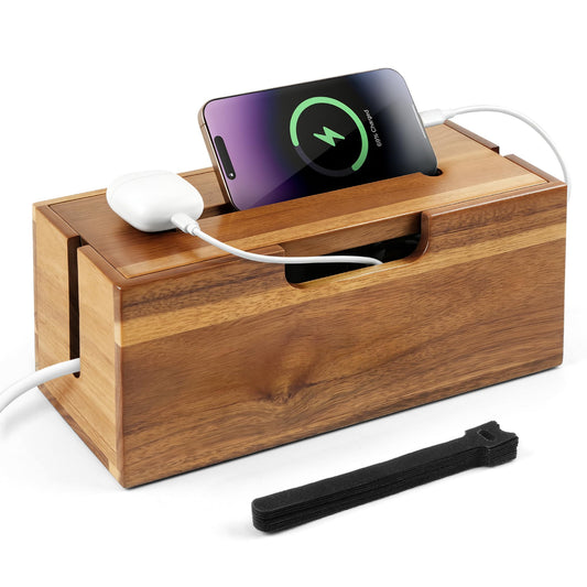 Acacia Cable Management Box, Cord Hider Organizer with Phone Stand, 12" L Cord Box for Power Strip, TV Wires & Desk Cable Storage, Office Under Desk Cable Storage Box for Wire