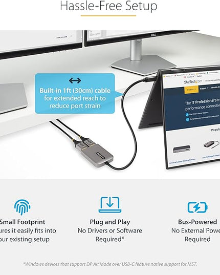 StarTech.com USB-C to Dual Displayport 1.4 Adapter, USB Type-C Muliti-Monitor MST Hub, Dual 5K 60Hz DP Laptop Display Extender / Splitter, HDR, Extra-Long Built-In Cable, Windows Only (MST14CD122DP)