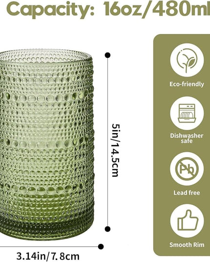 Vintage Hobnail Drinking Glasses Set of 6, 16 oz Large Capacity Embossed Green Tumblers, Highball Glasses for Water, Cocktail, Beer, Whiskey, Kitchen & Bar Use