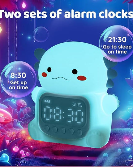 Axolotl Alarm Clock with Night Light for Kids, Rechargeable Silicone Lamp Time to Wake Clock Cute Animal Tabletop Lamp, Perfect Sleep Companion for Boys Girls, Blue