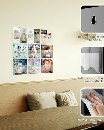 Acrylic Brochure Pamphlet Holder, 6 Magazine Holders and 6 Pamphlet Holders, Clear Brochure Display Stand Wall Mount, Trifold Flyer Rack, Literature Storage Rack for Home, Offices, Waiting Room
