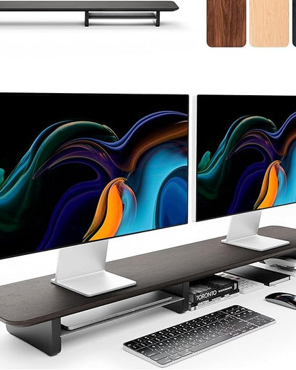 KIVY Dual Monitor Riser With Integrated Metal Shelf [MADE BY HAND] - Wooden Desk Shelf for 2 Monitors - Wide Long Stand for Desk (44 x10x3in - Black)