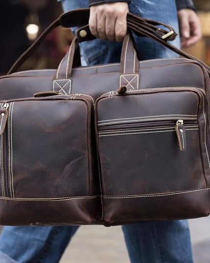 Leather Briefcase for Men Expandable Large 17 Inch Laptop Crossbody Shoulder Bag Business Travel Duffel Attache Case