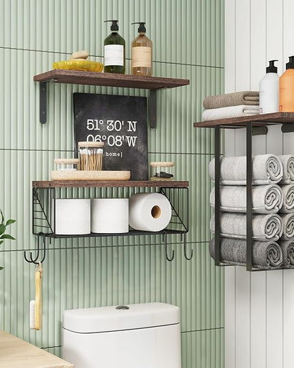 Fixwal Bathroom Floating Shelves Over Toilet Wall Shelves Set with Towel Storage Rack for Bathroom Organization & Wall Decor(Brown)