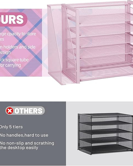 Simple Trending 6 Tier Desk File Organizer, Paper Letter Tray Organizer with File Holder and Pen Container, Pink