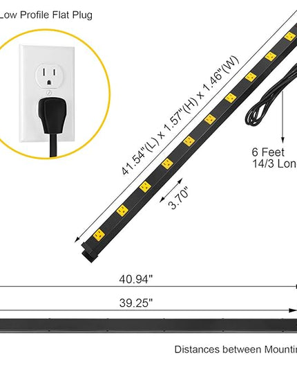 SURAIELEC 10 Outlet Long Power Strip Surge Protector, Industrial Heavy Duty Metal Shop Power Strip with Flat Plug, 1000 Joules, 15 AMP Breaker, 6FT Cord, Wall Mountable, for Work Bench, Shop, Garage