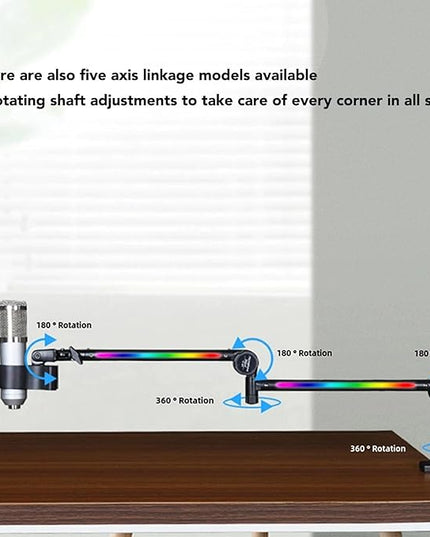 Desk Microphone Arm Stand, 360 Degree Adjustable Metal Boom Arm Mic Desk Stand with RGB Light for Live Gaming Broadcasting Recording, Singing and TV Stations