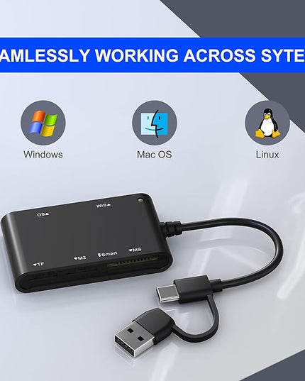 USB C/A Smart Card Reader and Memory Card Adapter 7 in 2 CAC Reader- Military CAC, SIM, SD/TF/MS Pro Duo/M2/IC/PIV Card Reader for Windows/Mac/Linux, Plug and Play