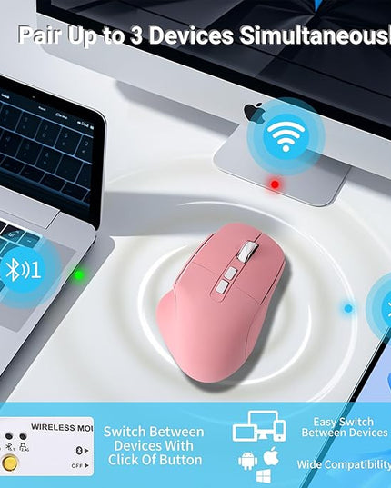 Ergonomic Mouse Jiggler,Bluetooth Vertical Wireless Mouse,LED Rechargeable Optical Computer Mice, Portable(BT5.2 or USB 2.4GHz) Dual Mode,1000/1600/2400 DPI,8 Buttons for Laptop,PC,Macbook (pink)