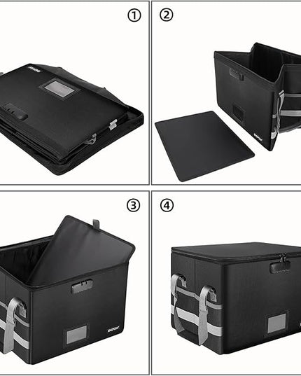 ENGPOW File Box with Lock,Fireproof Document Box with Zipper＆Pockets,Collapsible File Organizer Filing Storage Cabinet with Handle,Portable Home Office Safe for Hanging Letter/Legal Folder,Black