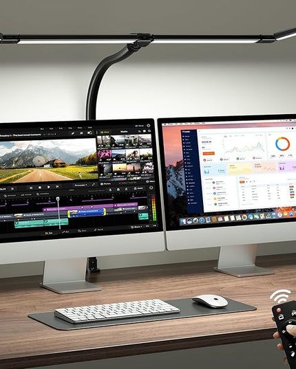 ONEMIX 42" LED Desk Lamp with Clamp, Architect Desk Light with Remote, Adjustable 4-Segment Bar, 1800LM Bright, Eye-Caring Desk Lamp for Home Office, Reading, Study, Dual Monitors, Workbench (Black)