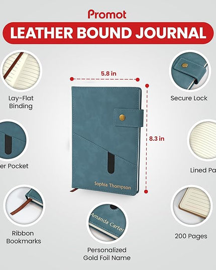 Promot Personalized Notebook - A5 Lined Leather Bound Journal for Writing Women Men - Hardcover Executive Notebook, Daily Journal, Travel Diary, Gift Idea, Custom Embossed Text with Gold Metallic Foil
