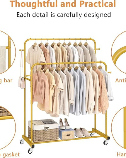 Laiensia Double Rods Garment Rack with Wheels, Clothing Rack for Hanging Clothes,4 Hooks, Multi-functional Bedroom Clothes Rack, Gold