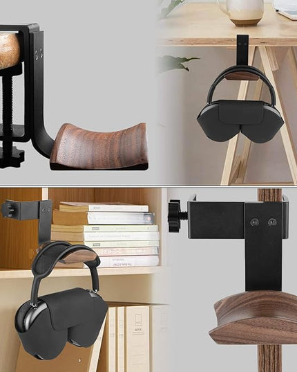 GEEKRIA Wooden Headphones Stand Compatible with Apple AirPods Max, Sony WH-1000XM6 Headphone Hook, Earphones Hanger Mount, Dual-Purpose Aluminum Headset Desktop Clip with Walnut Holder